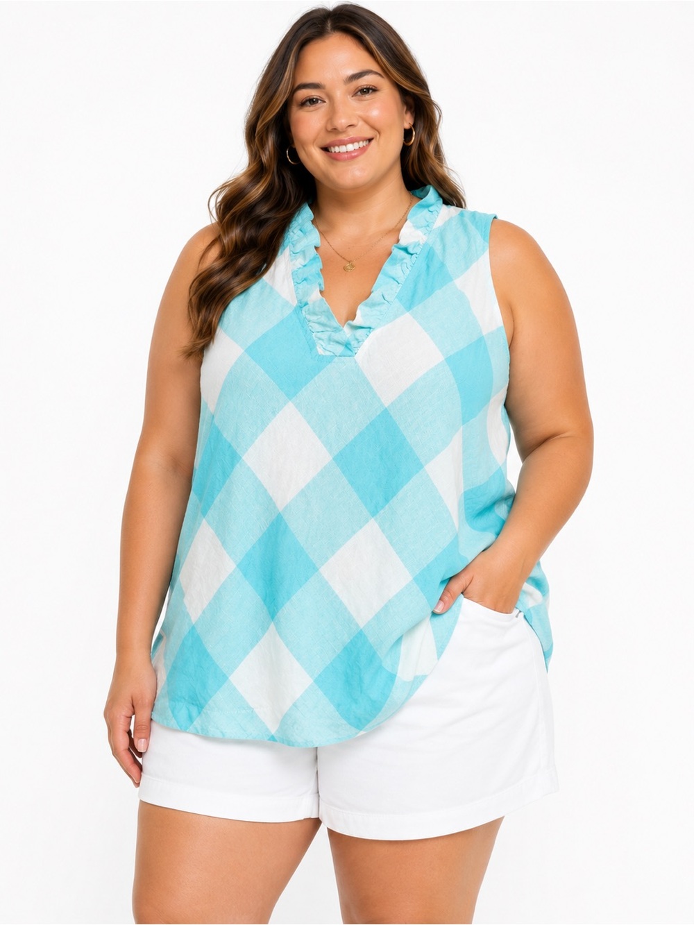 Crown & Ivy 100% Linen Aqua Buffalo Plaid Ruffle Neck Sleeveless Top XXL